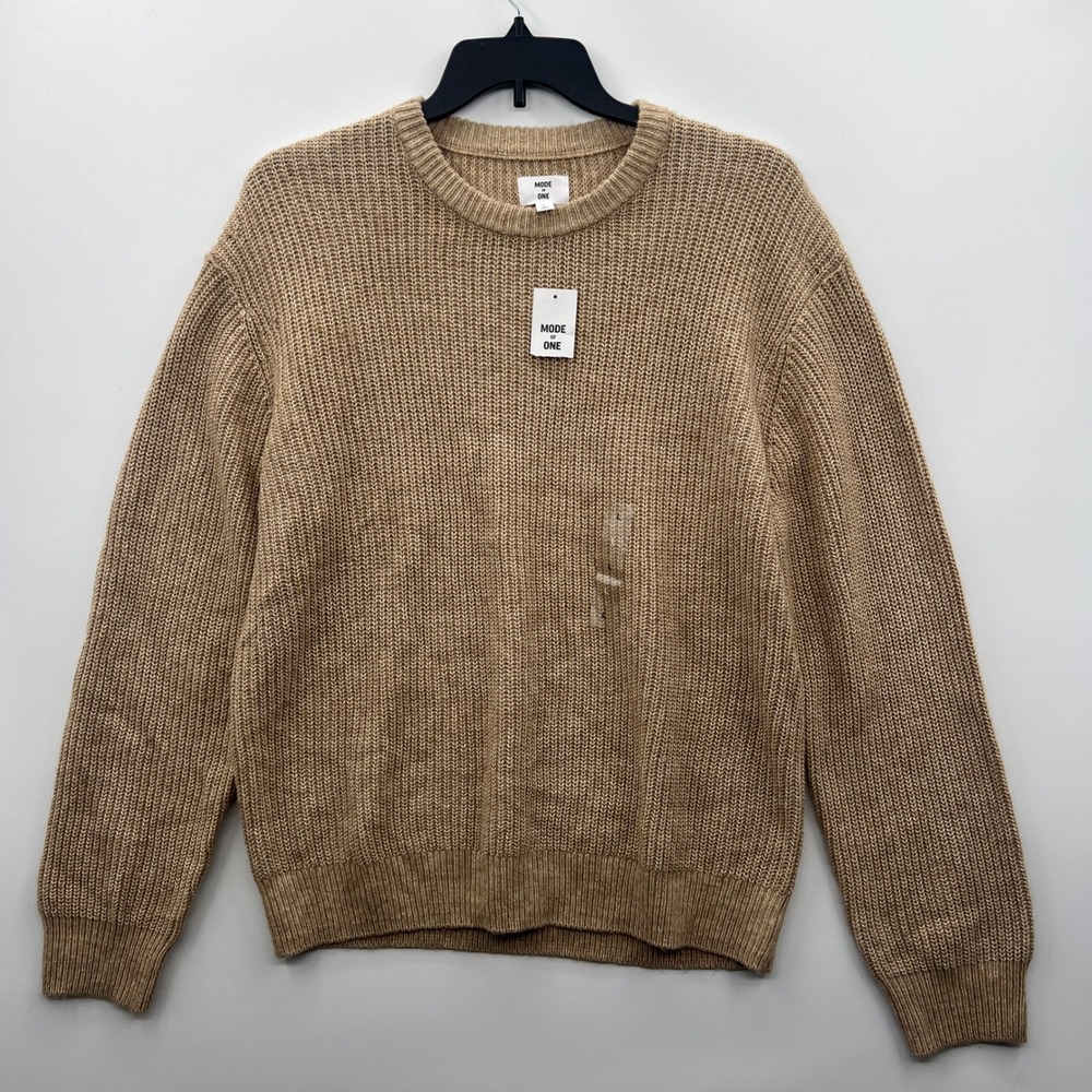 MODE OF ONE Men's Tan Knit Crewneck Sweater Long Sleeve Cotton Acrylic‎ Size L